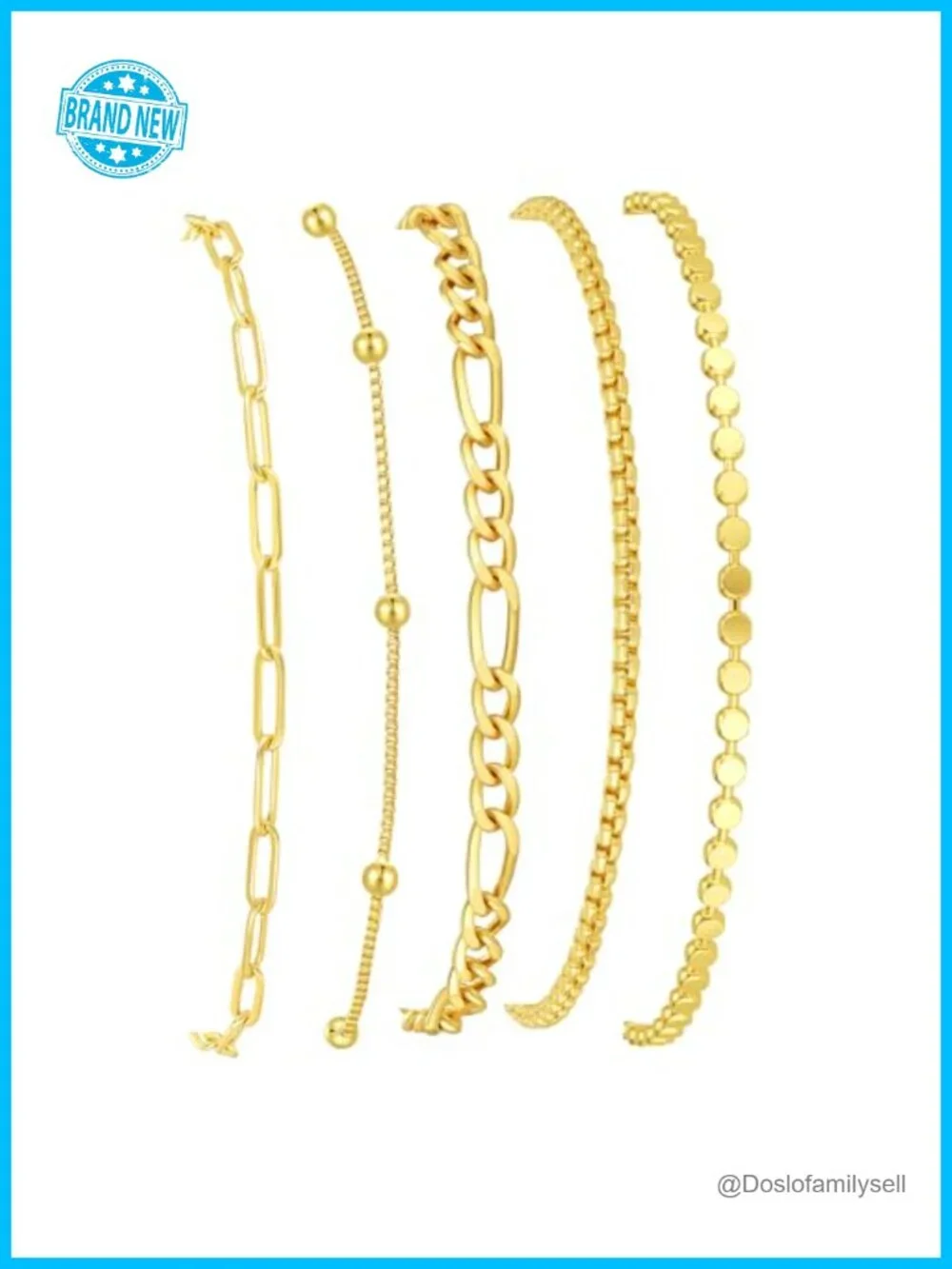 14K Gold Plated Stackable Bracelet Set 5 Piece Chain Adjustable Women